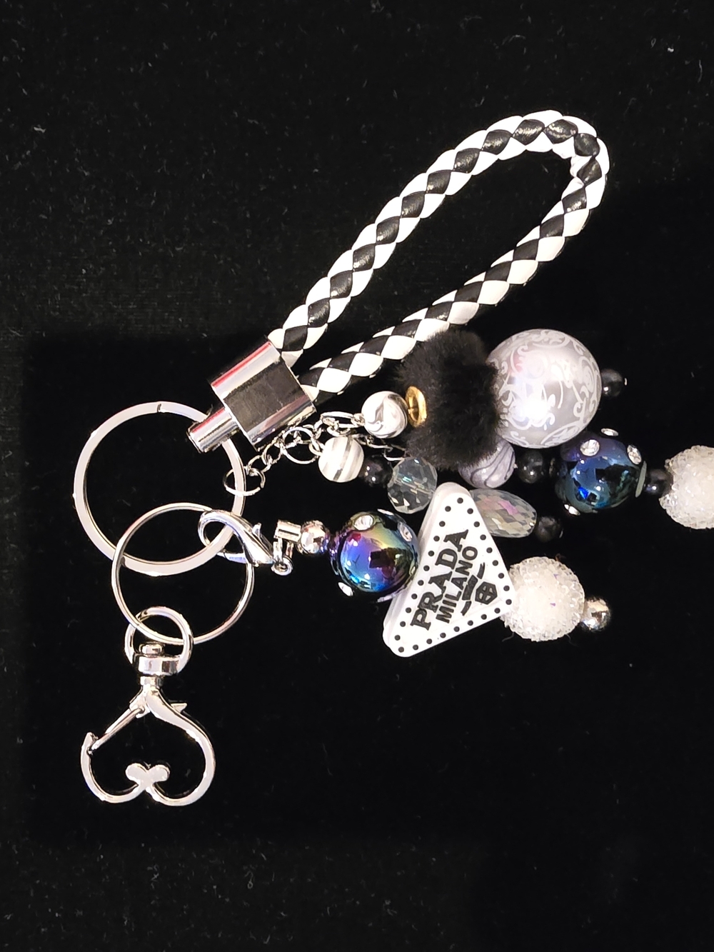 Black & White Beaded Braided Key and Card Holder Charm